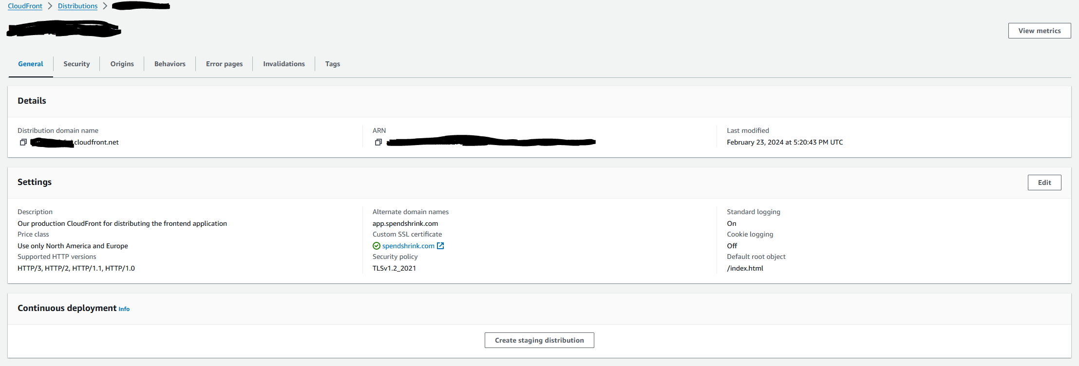 AWS CloudFront distribution screenshot