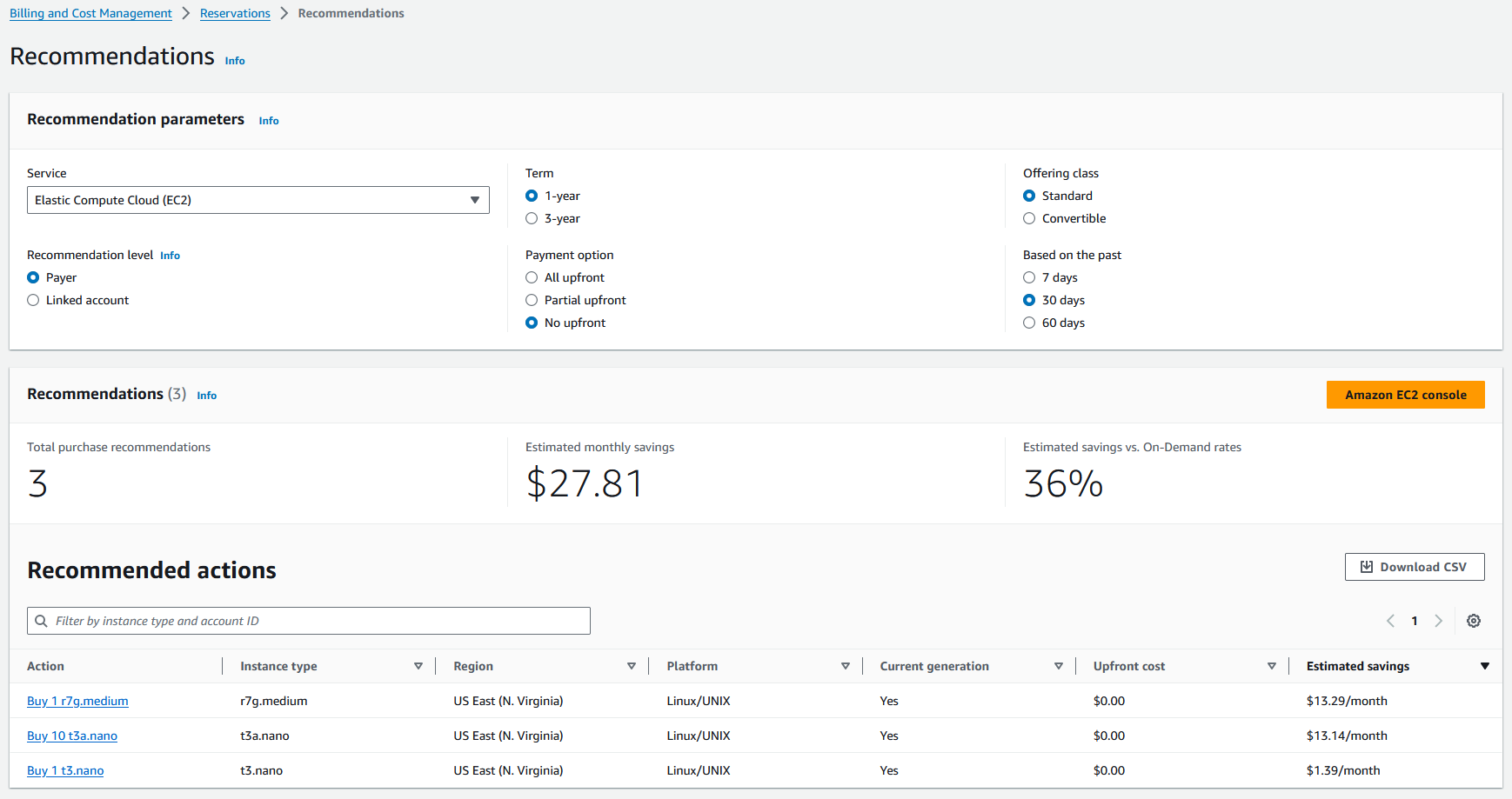 AWS EC2 Reserved Instances Recommendations Screenshot